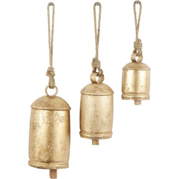 Gold Metal Tibetan Inspired Decorative Giant XL Cow Bells with Jute Hanging Rope - Picture 1 of 7